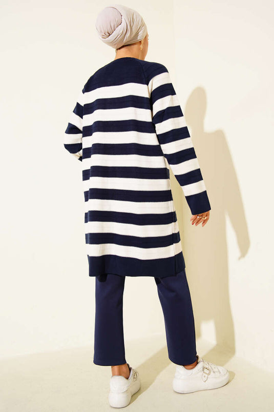 Patterned Button Detailed Knit Cardigan Navy Blue