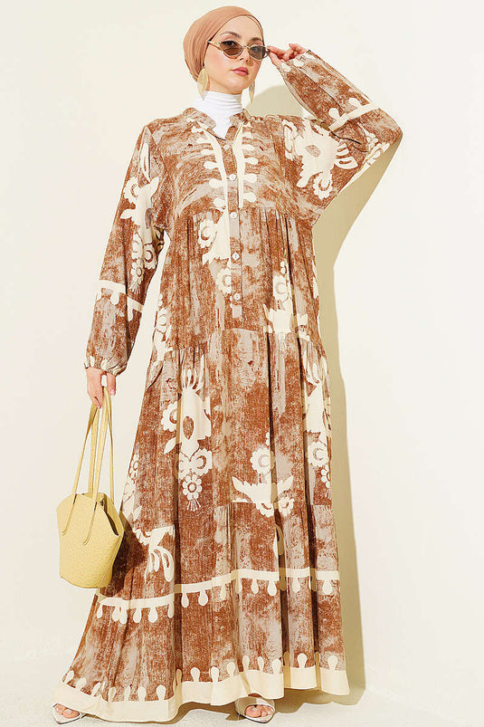 Robe à motifs avec boutons et poignet élastique couleur latte