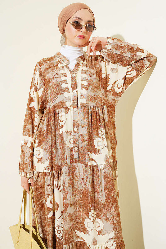Robe à motifs avec boutons et poignet élastique couleur latte