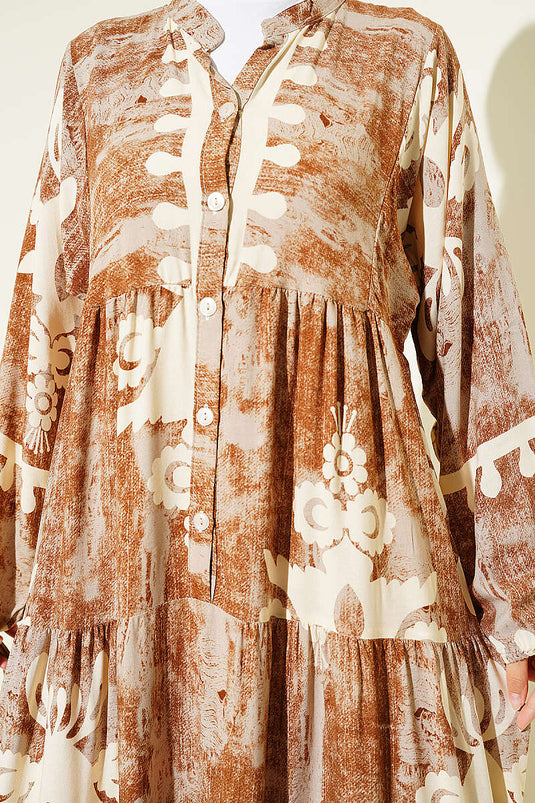 Robe à motifs avec boutons et poignet élastique couleur latte