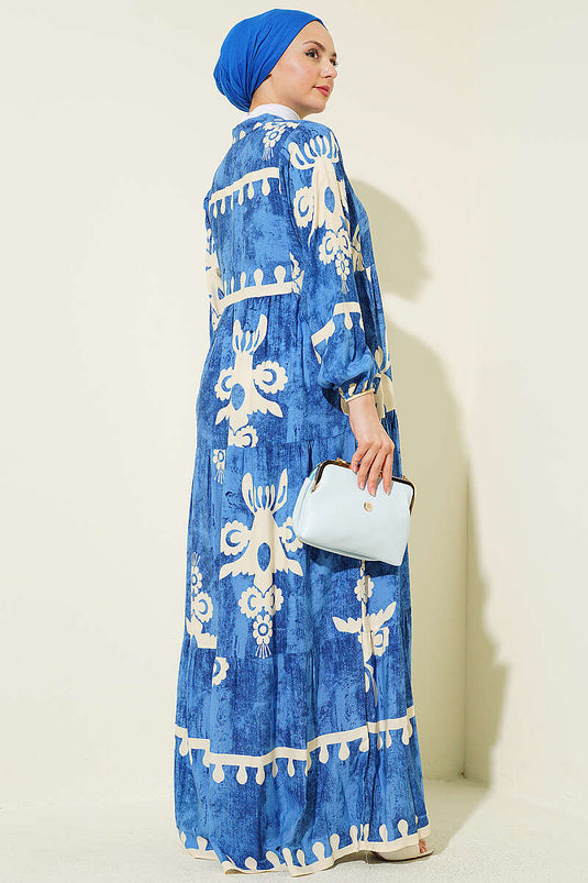 Robe à motifs avec boutons et poignets élastiqués bleue