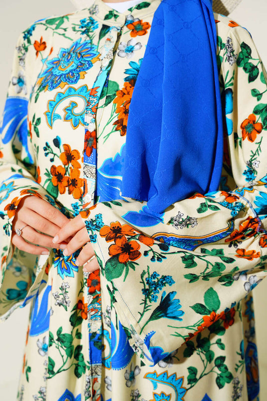 Patterned Buttoned Midi Dress Ecru Blue