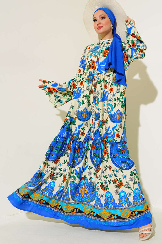 Patterned Buttoned Midi Dress Ecru Blue