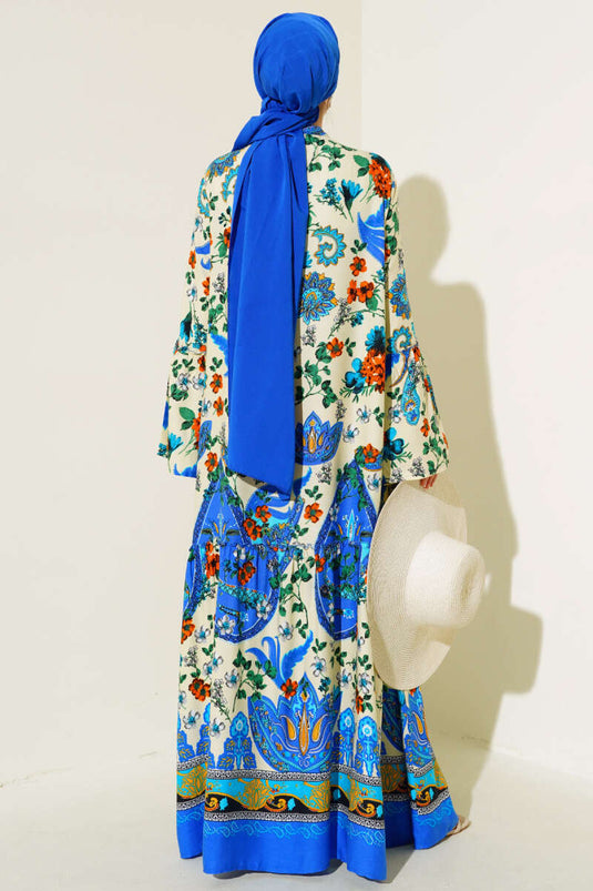 Patterned Buttoned Midi Dress Ecru Blue