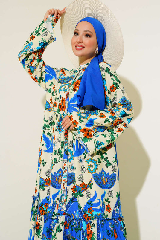 Patterned Buttoned Midi Dress Ecru Blue