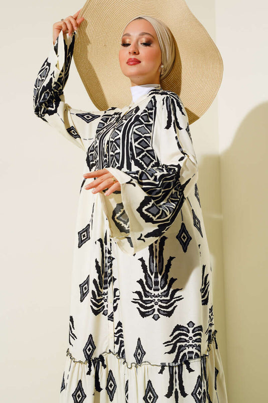 Desenli Düğmeli Kat Elbise Ekru Siyah