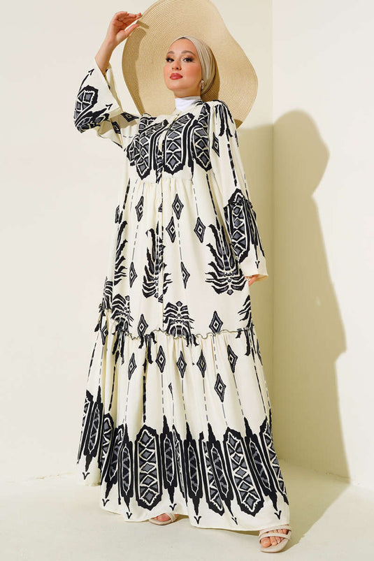 Desenli Düğmeli Kat Elbise Ekru Siyah