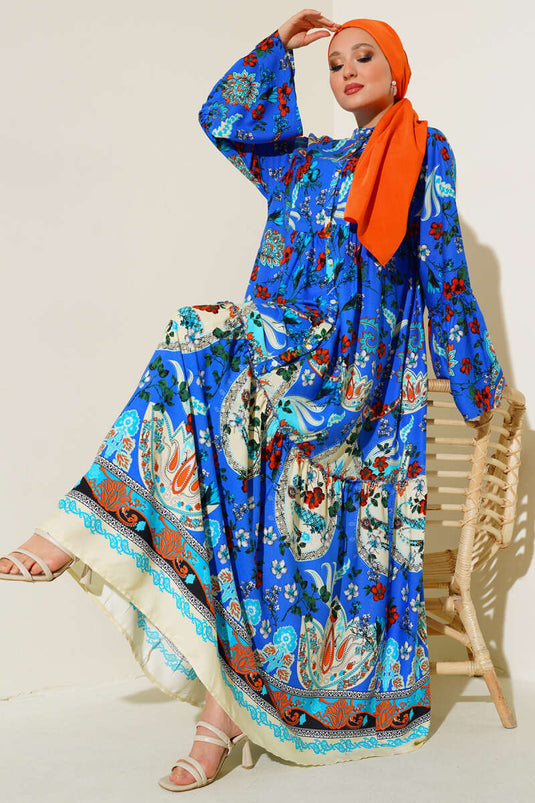 Patterned Buttoned Midi Dress Royal Blue