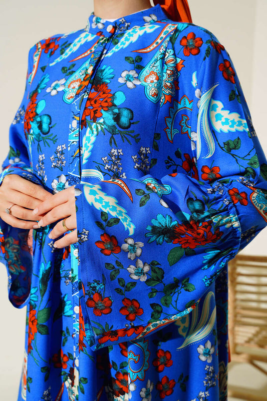 Patterned Buttoned Midi Dress Royal Blue