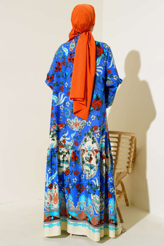 Patterned Buttoned Midi Dress Royal Blue