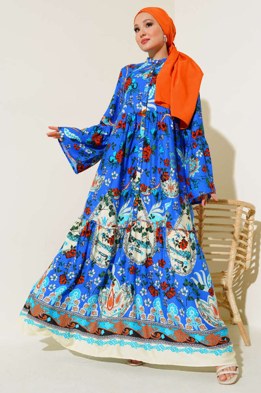 Patterned Buttoned Midi Dress Royal Blue