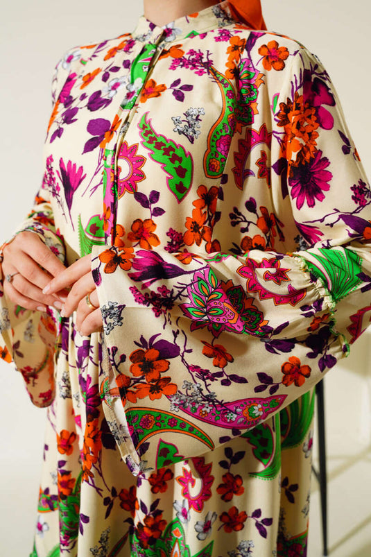 Patterned Buttoned Midi Dress Black Cream Purple