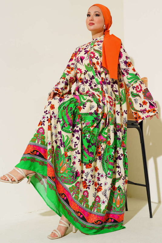 Patterned Buttoned Midi Dress Black Cream Purple