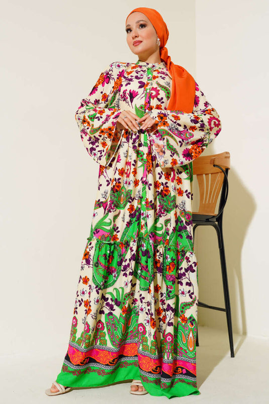 Patterned Buttoned Midi Dress Black Cream Purple