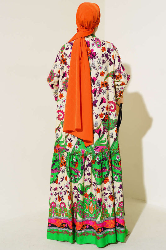 Patterned Buttoned Midi Dress Black Cream Purple