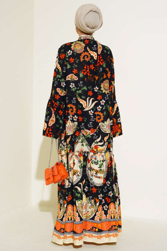 Patterned Buttoned Floor Dress Black Orange