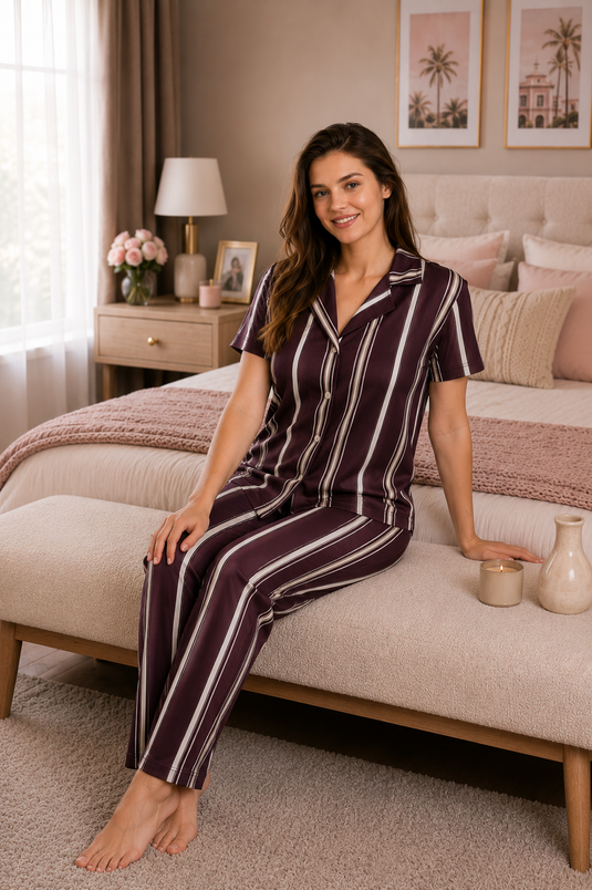 Desenli Düğmeli Pijama Takımı Mürdüm