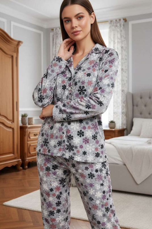 Suède pyjamapak met knopen en patroon Grijs