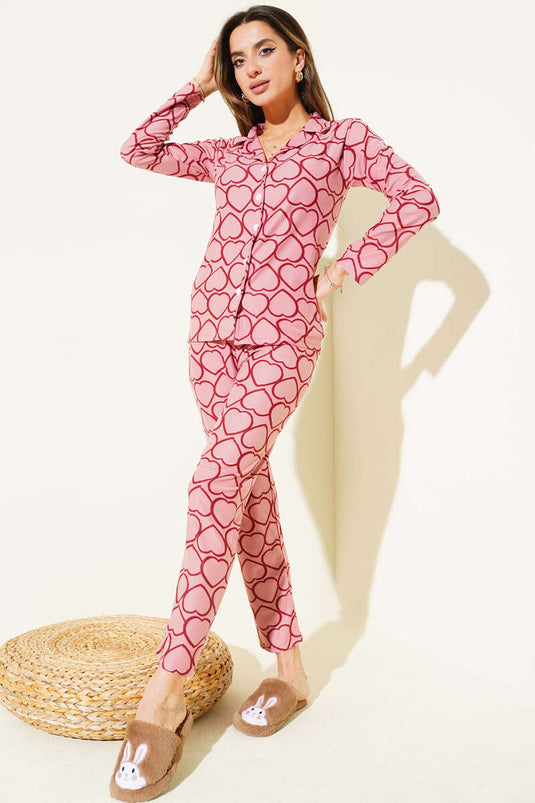 Patterned Buttoned Suede Pajama Set Rose Dust