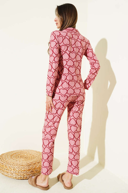 Patterned Buttoned Suede Pajama Set Rose Dust