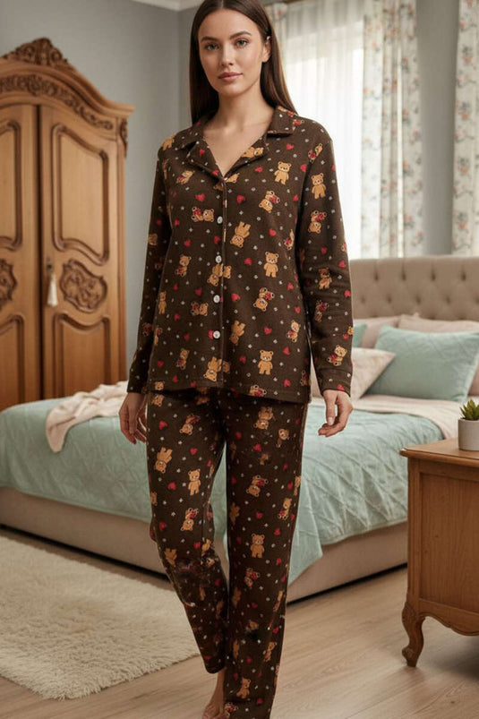 Suède pyjamapak met knopen en patroon, koffiebruin