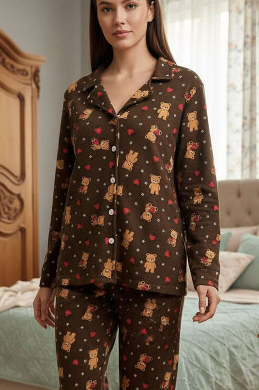 Suède pyjamapak met knopen en patroon, koffiebruin