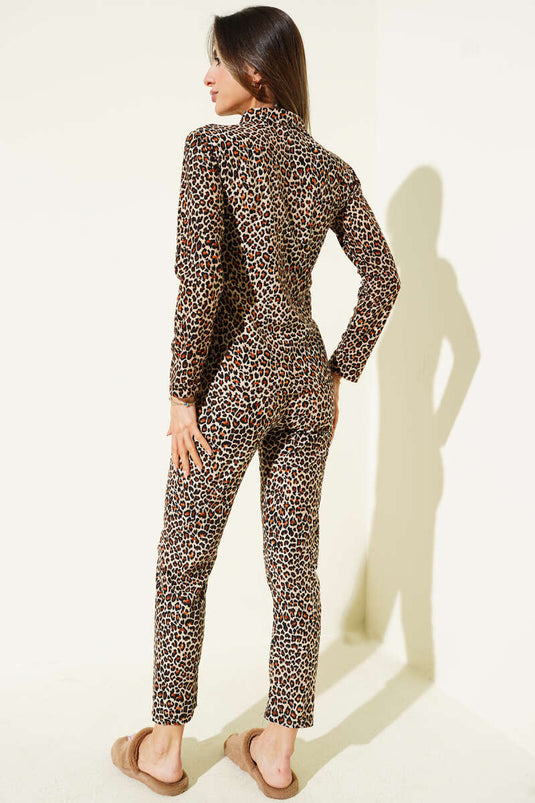 Patterned Buttoned Suede Pajama Set Leopard