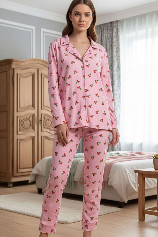 Suède pyjamapak met knopen en patroon Roze