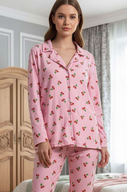 Suède pyjamapak met knopen en patroon Roze