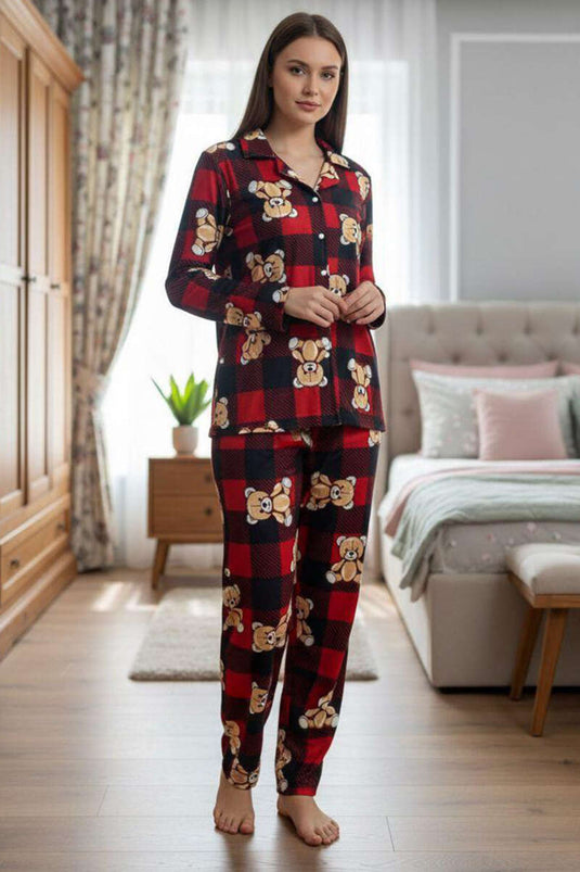 Suède pyjamapak met knopen en patroon Zwart Rood