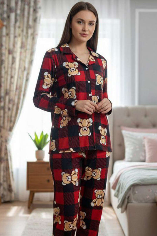 Suède pyjamapak met knopen en patroon Zwart Rood