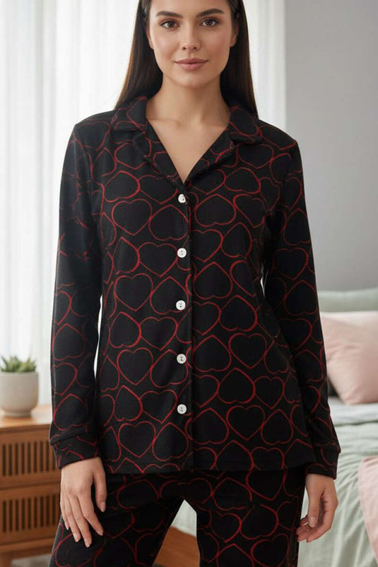 Suède pyjamapak met knopen en patroon Zwart