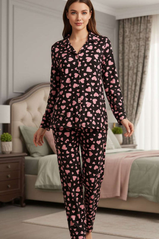 Suède Pyjamapak met Knopen en Patroon Zwart Poederkleurig