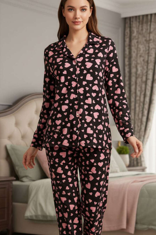 Suède Pyjamapak met Knopen en Patroon Zwart Poederkleurig