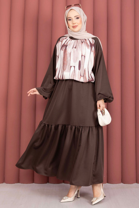 Patterned Skirt Two-Piece Satin Set Brown
