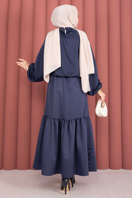 Zweiteiliger Satin-Set mit gemustertem Rock, Marineblau