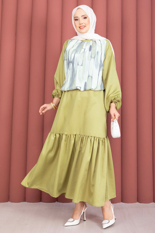 Patterned Skirt Two-Piece Satin Set Green Olive