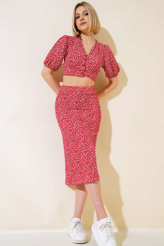 Desenli Etekli Takım Kırmızı