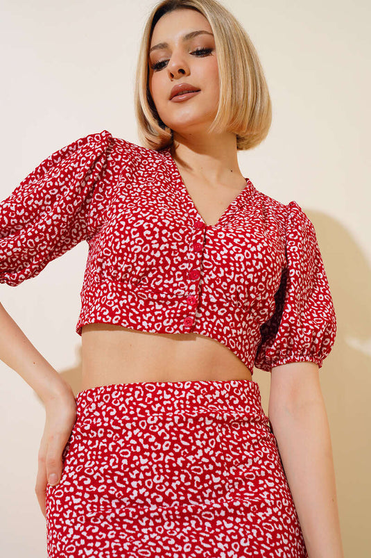 Desenli Etekli Takım Kırmızı