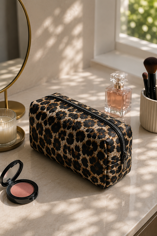Trousse de maquillage zippée à motif léopard