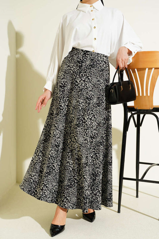 Patterned Zippered Satin Skirt Black