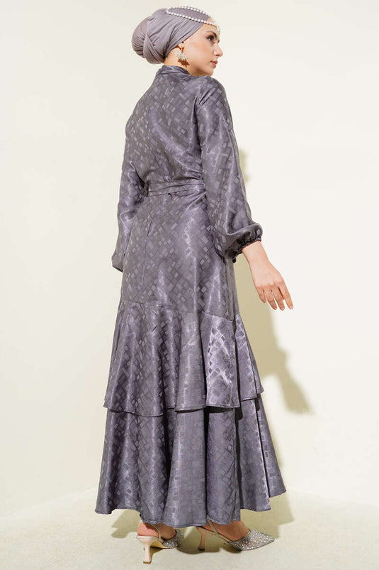 Patterned Ruffle Flounce Jacquard Dress Smoke