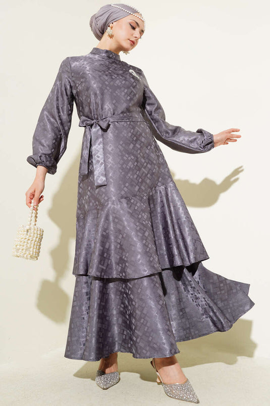 Patterned Ruffle Flounce Jacquard Dress Smoke