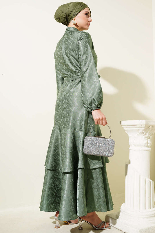 Patterned Ruffle Flounce Jacquard Dress Khaki