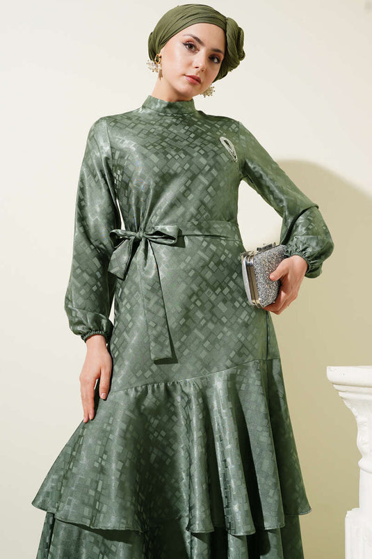 Patterned Ruffle Flounce Jacquard Dress Khaki