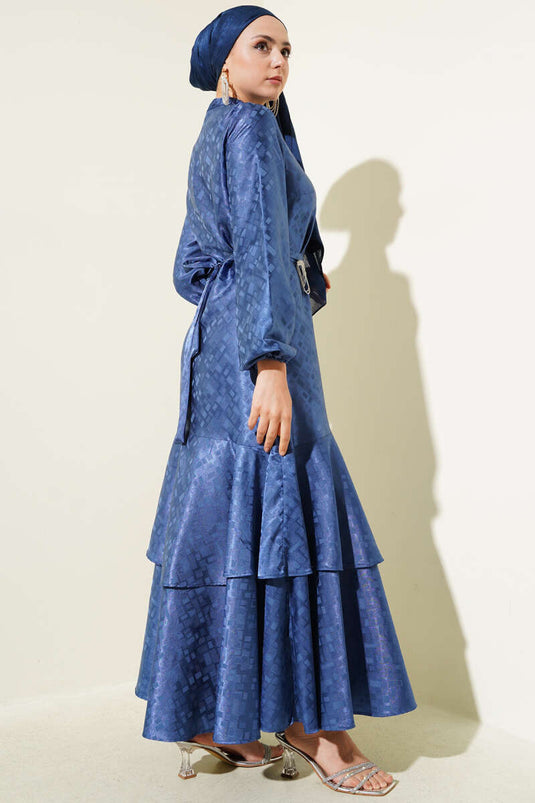 Patterned Ruffle Flounce Jacquard Dress Indigo