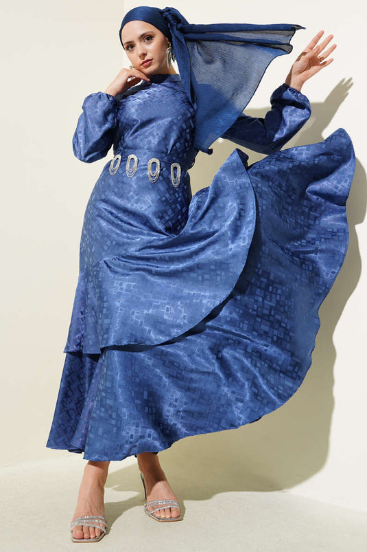 Patterned Ruffle Flounce Jacquard Dress Indigo