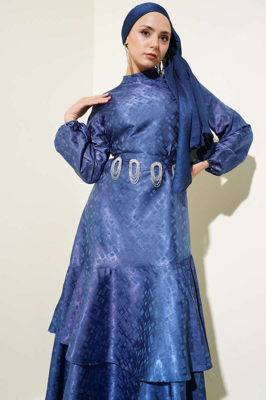 Patterned Ruffle Flounce Jacquard Dress Indigo