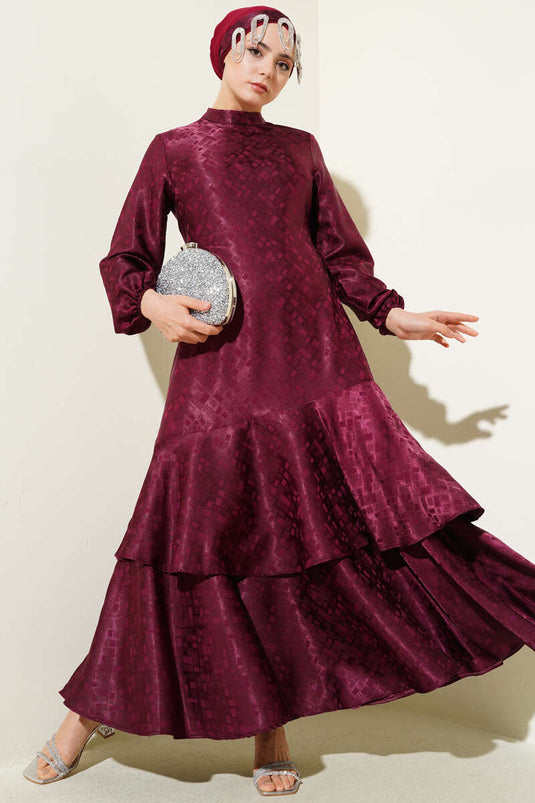 Patterned Ruffle Flounce Jacquard Dress Plum