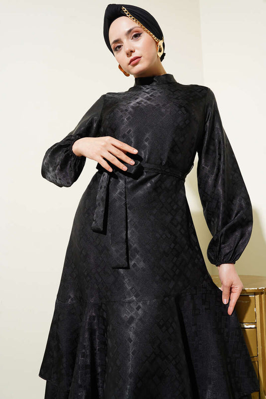 Patterned Ruffle Flounce Jacquard Dress Black